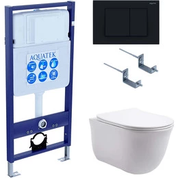 Инсталляция с подвесным унитазом комплект: Aquatek Set INS-0000012 с подвесным безободковым унитазом Классик AQ1111-00 сиденье микролифт, крепление, кнопка смыва чёрная матовая - фото 