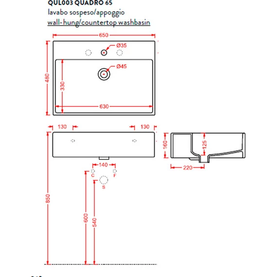 Раковина Artceram Quadro 65 см QUL003 01 00 - фото 5