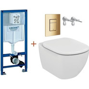 Инсталляция с подвесным унитазом комплект: Grohe Rapid SL 38772001+38732GL0 с подвесным безободковым унитазом Ideal Standard Tesi AquaBlade T007901 сиденье микролифт, крепление, кнопка смыва золото глянцевое, Цвет производителя: золото глянцевое - фото 