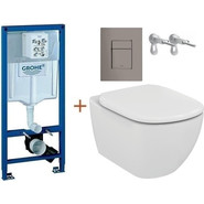 Инсталляция с подвесным унитазом комплект: Grohe Rapid SL 38772001+38732A00 с подвесным безободковым унитазом Ideal Standard Tesi AquaBlade T007901 сиденье микролифт, крепление, кнопка смыва графит глянцевый, Цвет производителя: графит глянцевый - фото 