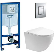 Инсталляция с подвесным унитазом комплект: Grohe Rapid SL 38772001 с подвесным безободковым унитазом Aquatek Европа AQ1900-00 сиденье микролифт, крепление, кнопка смыва хром, Цвет производителя: белый - фото 