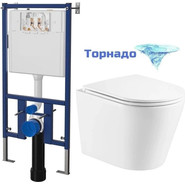 Инсталляция с подвесным унитазом комплект: Loranto 4501 с подвесным безободковым унитазом Teramo AZ-0053-UQ сиденье микролифт (Система смыва торнадо) кнопка смыва белая глянцевая + набор для гигиенического душа Haiba HB5511 - фото 5