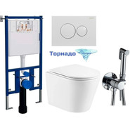 Инсталляция с подвесным унитазом комплект: Loranto 4501 с подвесным безободковым унитазом Teramo AZ-0053-UQ сиденье микролифт (Система смыва торнадо) кнопка смыва белая глянцевая + набор для гигиенического душа Haiba HB5511 - фото 