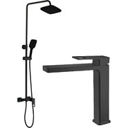 Душевой комплект Haiba: Душевая стойка HB24615-7 + смеситель для раковины высокий HB11615-7, цвет чёрный матовый - фото 