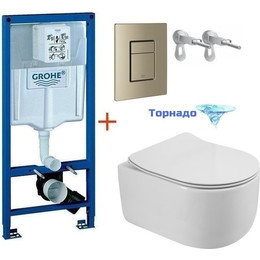 Инсталляция с подвесным унитазом комплект: Grohe Rapid SL с подвесным безободковым унитазом BelBagno Soft-Tor BB084CH-TOR/SC сиденье микролифт, крепление, кнопка смыва никель, Цвет производителя: никель - фото 