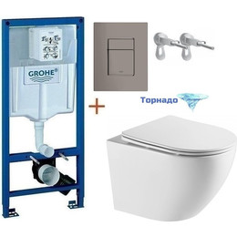Инсталляция с подвесным унитазом комплект: Grohe Rapid SL 38772001+38732A00 с подвесным безободковым унитазом Azario Grado AZ-0046-UQ сиденье микролифт, крепление, кнопка смыва графит, Цвет производителя: графит - фото 