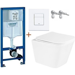 Инсталляция с подвесным унитазом комплект: Grohe Rapid SL 38772001+38732WM0 с подвесным безободковым унитазом BelBagno Due BB3103CHR/SC сиденье микролифт, крепление, кнопка смыва белый матовый, Цвет производителя: белый матовый - фото 