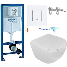 Инсталляция с подвесным унитазом комплект: Grohe Rapid SL 38772001+38732WM0 с подвесным безободковым унитазом Loranto Ester 87265 сиденье микролифт, крепление, кнопка смыва белый матовый, Цвет производителя: белый матовый - фото 