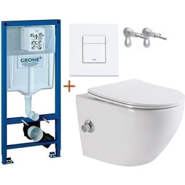Инсталляция с подвесным унитазом комплект: Grohe Rapid SL 38772001+38732WM0 с подвесным безободковым унитазом-биде BelBagno Uno BB3105CHR-BS/SC сиденье микролифт, крепление, кнопка смыва белый матовый, Цвет производителя: белый матовый - фото 