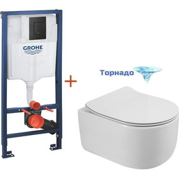 Инсталляция с подвесным унитазом комплект: Grohe Solido 38811KF0 с подвесным безободковым унитазом BelBagno Soft-Tor BB084CH-TOR+BB2111SC сиденье микролифт, крепление, кнопка смыва чёрная матовая, Цвет производителя: чёрный матовый - фото 