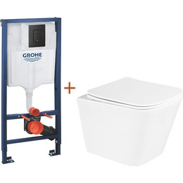 Инсталляция с подвесным унитазом комплект: Grohe Solido 38811KF0 с подвесным безободковым унитазом BelBagno Due BB3103CHR/SC сиденье микролифт, крепление, кнопка смыва чёрная матовая, Цвет производителя: чёрный матовый - фото 