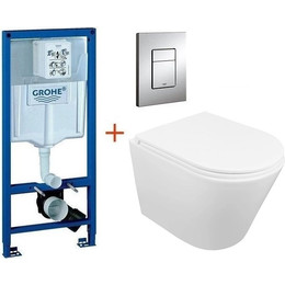 Инсталляция с подвесным унитазом комплект: Grohe Rapid SL 38772001 с подвесным безободковым унитазом Azario Teramo AZ-0053-UQ3 сиденье микролифт, крепление, кнопка смыва хром - фото 