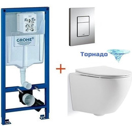 Инсталляция с подвесным унитазом комплект: Grohe Rapid SL 38772001 с подвесным унитазом Sole Pandora сиденье микролифт, крепление, кнопка смыва хром - фото 