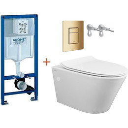 Инсталляция с подвесным унитазом комплект: Grohe Rapid SL 38772001+38732GL0 с подвесным безободковым унитазом Creo Ceramique Tornado CR1100NR сиденье микролифт, крепление, кнопка смыва золото глянцевое, Цвет производителя: золото глянцевое - фото 