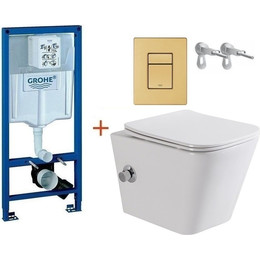 Инсталляция с подвесным унитазом комплект: Grohe Rapid SL 38772001+38732GN0 с подвесным безободковым унитазом-биде BelBagno Due BB3103CHR-BS/SC сиденье микролифт, крепление, кнопка смыва золото матовое, Цвет производителя: золото матовое - фото 