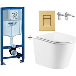 Инсталляция с подвесным унитазом комплект: Grohe Rapid SL 38772001+38732GN0 с подвесным безободковым унитазом Azario Fonti AZ-402W сиденье микролифт, крепление, кнопка смыва золото матовое, Цвет производителя: золото матовое - фото 