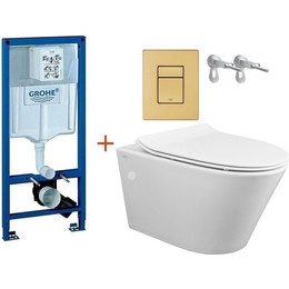 Инсталляция с подвесным унитазом комплект: Grohe Rapid SL 38772001+38732GN0 с подвесным безободковым унитазом Creo Ceramique Tornado CR1100NR сиденье микролифт, крепление, кнопка смыва золото матовое, Цвет производителя: золото матовое - фото 