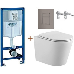 Инсталляция с подвесным унитазом комплект: Grohe Rapid SL 38772001+38732A00 с подвесным безободковым унитазом Aquatek Вега AQ1904-00 сиденье микролифт, крепление, кнопка смыва графит глянцевый, Цвет производителя: графит глянцевый - фото 