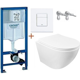 Инсталляция с подвесным унитазом комплект: Grohe Rapid SL 38772001+38732WM0 с подвесным безободковым унитазом Azario Grado AZ-0046 SP сиденье микролифт, крепление, кнопка смыва белый матовый, Цвет производителя: белый матовый - фото 