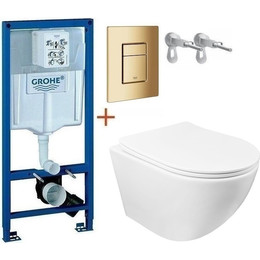 Инсталляция с подвесным унитазом комплект: Grohe Rapid SL 38772001+38732GL0 с подвесным безободковым унитазом Azario Grado AZ-0046 SP сиденье микролифт, крепление, кнопка смыва золото глянцевое, Цвет производителя: золото глянцевое - фото 