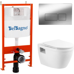 Инсталляция с подвесным безободковым унитазом BelBagno Loto BB070CHR/SC/BB026/BB041CR (кнопка смыва, хром) - фото 