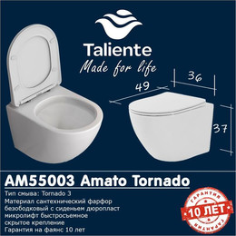 Унитаз подвесной безободковый Taliente Amato Tornado 3 AM55003 с крышкой микролифт (система смыва Торнадо) - фото 