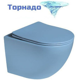 Унитаз подвесной безободковый SantiLine SL-5005T-BL с тонкой крышкой микролифт (система смыва Торнадо) голубой матовый - фото 