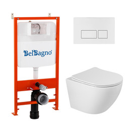 Инсталляция с подвесным унитазом комплект: BelBagno Sfera BB046CHR/SC/BB026/BB042BL с подвесным безободковым унитазом, сиденье микролифт, крепление, кнопка смыва белая - фото 