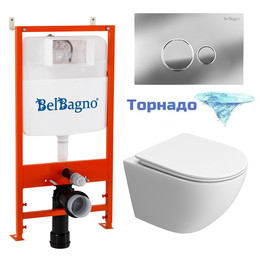 Инсталляция с подвесным унитазом комплект: BelBagno Uno BB5177CH-TOR/SC/BB026/BB081CR с подвесным безободковым унитазом, сиденье микролифт, крепление, кнопка смыва хром (система смыва торнадо) - фото 