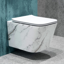 Унитаз подвесной безободковый EvaGold EG070018 с тонкой крышкой микролифт, белый мрамор - фото 