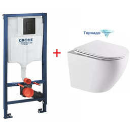 Инсталляция с подвесным унитазом комплект: Grohe Solido 38811KF0 с подвесным безободковым унитазом Azario Grado AZ-0046-UQ3 сиденье микролифт, крепление, кнопка смыва чёрная матовая (Система смыва Торнадо) - фото 