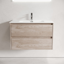 Тумба подвесная с раковиной-столешницей Sancos Libra 80 см LB80EG, дуб галифакс натуральный (раковина Element CN7005) - фото 