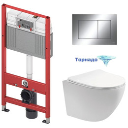 Инсталляция с подвесным унитазом комплект: TECEbase 2.0 9400412 с подвесным безободковым унитазом Aquatek Европа AQ1900T-00 сиденье микролифт, крепление, кнопка смыва хром глянцевый (система смыва Торнадо) - фото 