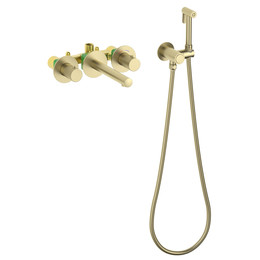 Смеситель для раковины настенный с термостатом и с гигиеническим душем Timo Saona 2383/17SM (со скрытой частью) золото матовое - фото 