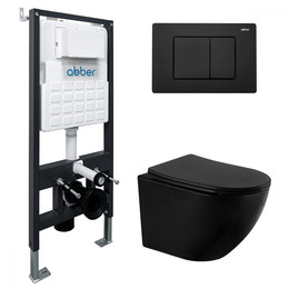 Инсталляция с подвесным унитазом комплект: Abber AC0105 с подвесным унитазом Bequem AC1100MB с крышкой микролифт, кнопка смыва AC0120MB чёрная матовая - фото 