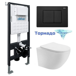 Инсталляция с подвесным унитазом комплект: Abber AC0105 с подвесным унитазом Bequem AC1100T с крышкой микролифт, кнопка смыва AC0120MB чёрная матовая (система смыва Торнадо) - фото 