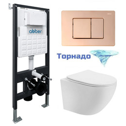 Инсталляция с подвесным унитазом комплект: Abber AC0105 с подвесным унитазом Bequem AC1100T с крышкой микролифт, кнопка смыва AC0120RG золото розовое (система смыва Торнадо) - фото 