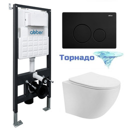 Инсталляция с подвесным унитазом комплект: Abber AC0105 с подвесным унитазом Bequem AC1100T с крышкой микролифт, кнопка смыва AC0121MB чёрный матовый (система смыва Торнадо) - фото 