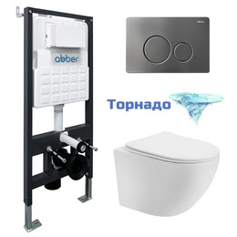 Инсталляция с подвесным унитазом комплект: Abber AC0105 с подвесным унитазом Bequem AC1100T с крышкой микролифт, кнопка смыва AC0121NG никель (система смыва Торнадо) - фото 