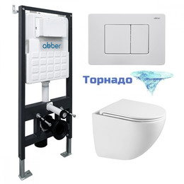 Инсталляция с подвесным унитазом комплект: Abber AC0105 с подвесным унитазом Bequem AC1131TC с крышкой микролифт, кнопка смыва AC0120MW белая матовая (система смыва Торнадо) - фото 