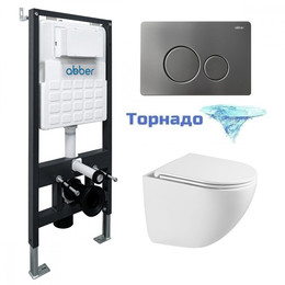 Инсталляция с подвесным унитазом комплект: Abber AC0105 с подвесным унитазом Bequem AC1131TC с крышкой микролифт, кнопка смыва AC0121NG никель (система смыва Торнадо) - фото 