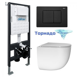 Инсталляция с подвесным унитазом комплект: Abber AC0105 с подвесным унитазом Bequem AC1132TC с крышкой микролифт, кнопка смыва AC0120MB чёрный матовый (система смыва Торнадо) - фото 
