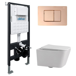 Инсталляция с подвесным унитазом комплект: Abber AC0105 с подвесным унитазом Rechteck AC1201 с крышкой микролифт, кнопка смыва AC0120RG золото розовое - фото 