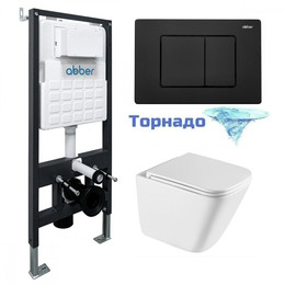 Инсталляция с подвесным унитазом комплект: Abber AC0105 с подвесным унитазом Rechteck AC1219TC с крышкой микролифт, кнопка смыва AC0120MB чёрный матовый (система смыва Торнадо) - фото 