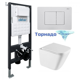 Инсталляция с подвесным унитазом комплект: Abber AC0105 с подвесным унитазом Rechteck AC1219TC с крышкой микролифт, кнопка смыва AC0120MW белая матовая (система смыва Торнадо) - фото 