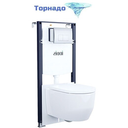 Инсталляция с подвесным безободковым унитазом комплект: Iddis Basic BASAI01i73 сиденье микролифт, крепление, кнопка смыва хром (система смыва Торнадо) - фото 