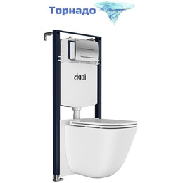 Инсталляция с подвесным безободковым унитазом комплект: Iddis Basic BASTQ01i73 сиденье микролифт, крепление, кнопка смыва хром (система смыва Торнадо) - фото 