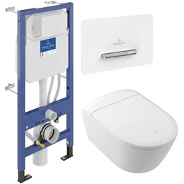 Инсталляция с подвесным унитазом комплект: Villeroy & Boch Supreo V9944800 с подвесным безободковым унитазом-биде V16EN2R1 (CeramicPlus) с сиденьем микролифт, крепление, кнопка смыва белое стекло - фото 