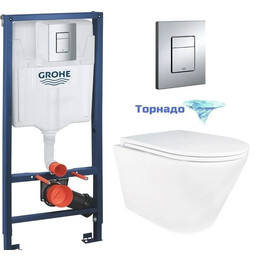 Инсталляция с подвесным унитазом комплект: Grohe Rapid SL 38772001 с подвесным безободковым унитазом Azario Songo AZ-5180T-WHT сиденье микролифт, крепление, с кнопкой смыва хром (Система смыва торнадо) - фото 