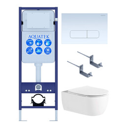 Инсталляция с подвесным унитазом комплект: Set AQUATEK ЕВРОПА New-013 4в1 (рама AQUATEK INS-0000017, клавиша KDI-0000013, крепеж KKI-0000002 +унитаз AQ1106L-00 с тонким сиденьем sc) - фото 